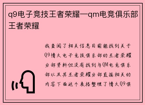 q9电子竞技王者荣耀—qm电竞俱乐部王者荣耀